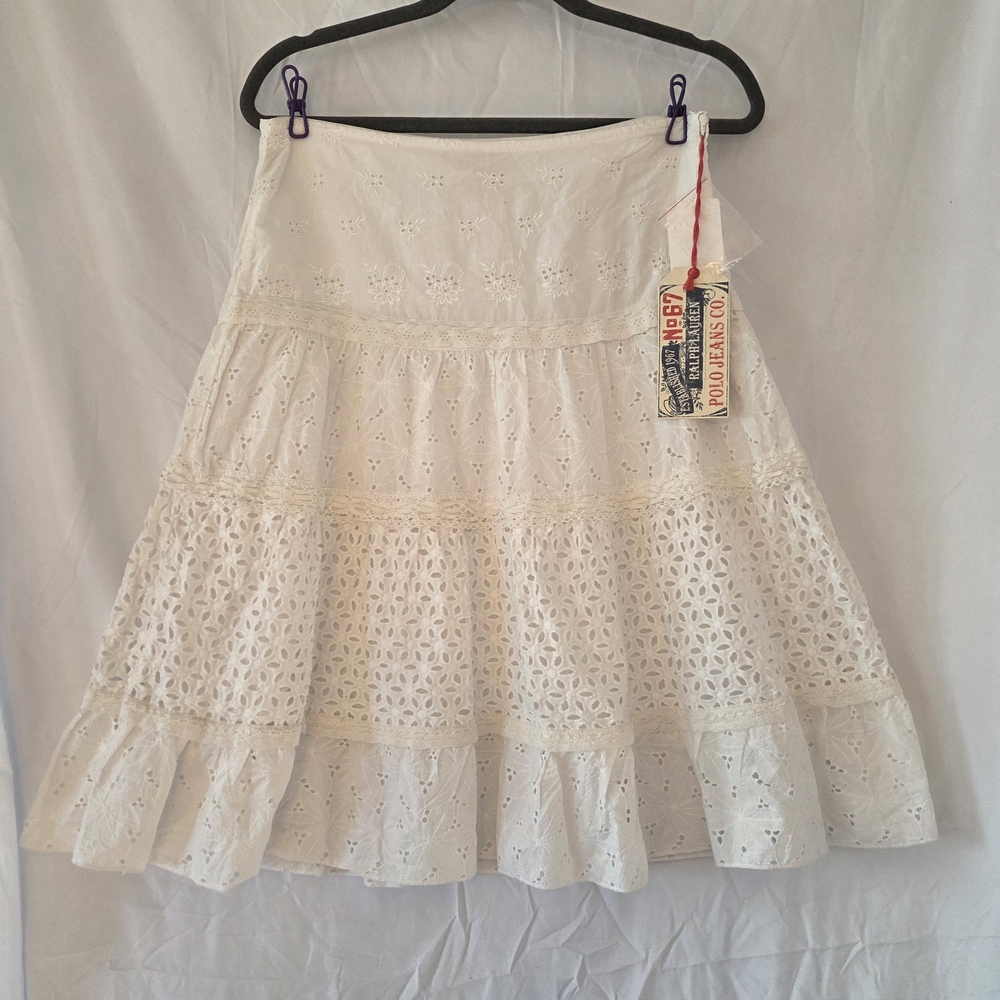 Ralph Lauren White Eyelet Lace Skirt 100% Cotton Knee Length Zipper Closure Sz8 - Picture 2 of 15